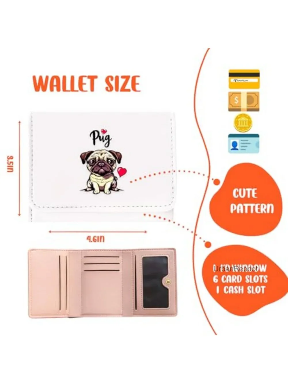 Pug Animal Print Slim Wallet 5 Card Slots Faux Leather Girls Teen